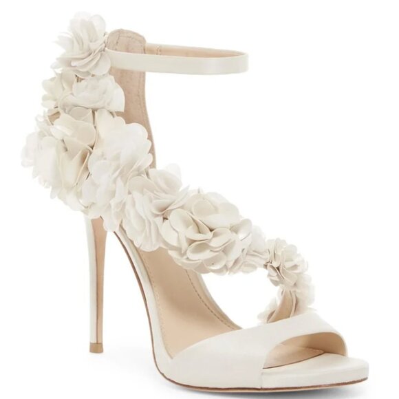 FSJ Ivory Satin Wedding Shoes Floral Embellished Strappy High Heel Sandals - Picture 1 of 8